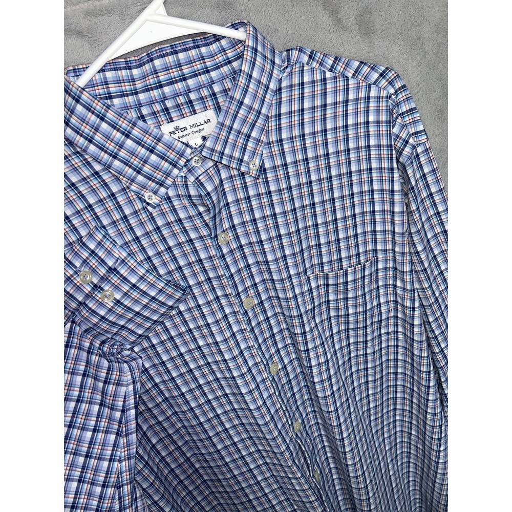 Peter Millar Summer Comfort Shirt Mens Button Up Blue Gingham Checkered Large